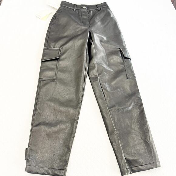 Wilfred by Aritzia Modern Cargo Black Faux Leather Pants Button Fly Size 8 NWOT - Picture 2 of 8